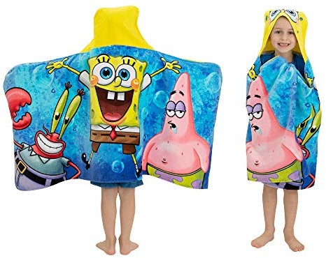 BANRIN Franco Kids Bath and Beach Soft Cotton Terry Hooded Towel Wrap, 24 in x 50 in, Spongebob Squarepants