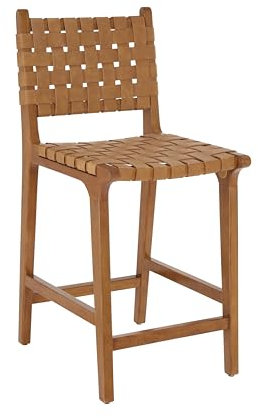Ball & Cast PU Leder gewebt Counter Hocker, Holzrahmen Küche Insel Barhocker mit Fußstütze, Rückenlehne Geflecht Hocker-Stuhl für das Esszimmer, Braun