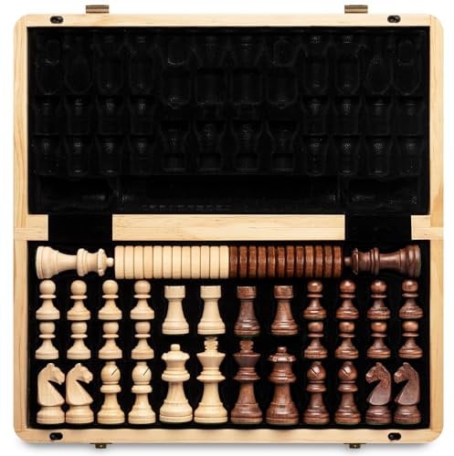 A&A 15 Magnetic Wooden Chess Set/Folding Board / 3 King Height German Knight Staunton Chess Pieces/2 Extra Queen
