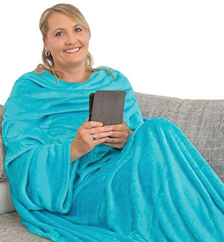 L.E.M.B. Hometrends Kuscheldecke mit Ärmeln TV Decke Sofadecke Ärmeldecke Wohndecke Fleecedecke Mikrofaser Strokkur 170 x 200 cm malé-Blue