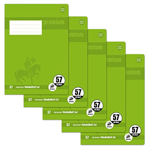 Staufen Premium Vokabelheft - DIN A4, Lineatur 57 (liniert mit 2 Trennlinien), 40 Blatt, 90g/m² Premium Papier, 5 Stück