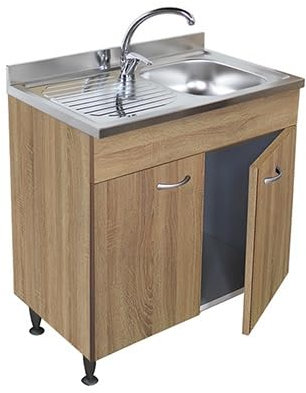 Arredobagno e Cucine Mueble bajo lavabo roble, 2 puertas con fregadero de acero inoxidable de 80 cm, bañera a la derecha