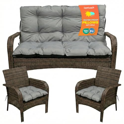 SuperKissen24. Sitzkissen Bankkissen Bankauflage - 120x50 cm und Rückenlehne 120x60 cm mit 2er 45x45 cm Stuhlkissen Set - Outdoor und Indoor - Grau