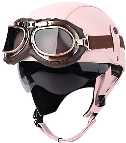 Casques Bols Casques Jet Casque Moto Vintage avec Lunettes Casque de Pilote Rétro Casque Casque Scooter Homme Femme Demi Casque Coupe-Vent Casque pour Moto Vélo Scooter
