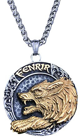 JHBTFQ Wikinger Herren Schmuck 316L Edelstahl Gold Anhänger Halskette 24 Zoll Kette mit Lederbeutel, Amulett Geschenk für Mich Selbst,Fenrir