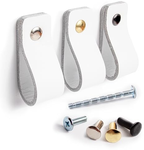 LA CHUECA POLO TIRADOR de CUERO para Mueble Armario o Cajon. 100% Vacuno GENUINO Argentino (6 pcs) - Original (SMALL, Rustic White)