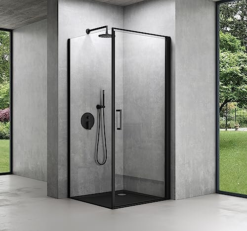 Mai & Mai Duschkabine Eckeinstieg Schwarz 100x90x195 cm mit Hebe-Senk-Mechanismus 8mm ESG-Sicherheitsglas Nano-Beschichtung Klarglas Rav36-Plus