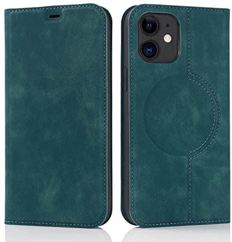 QLTYPRI Wallet Case for iPhone 12/iPhone 12 Pro (6.1 inch) Compatible with Magsafe Charger, Magnetic Flip Folio PU Leather Phone Case with RFID Blocking Card Slots Kickstand Shockproof Cover-Green