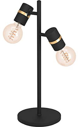 EGLO Tischlampe Lurone, 2-flammige Nachttischlampe mit beweglichen Spots, Tischleuchte aus Metall in Schwarz und Messing, Deko Lampe Wohnzimmer, E27 Fassung
