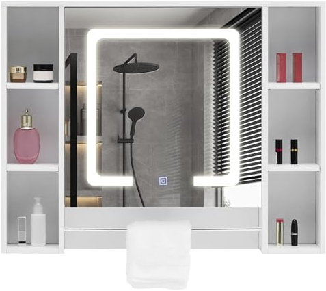 CLIPOP Armoire de Toilette avec LED Miroir et Éclairage 2 Portes Armoire de Toilette avec détecteur de Mouvement et Étagère Réglable, pour Salon, Salle de Bain, Toilettes