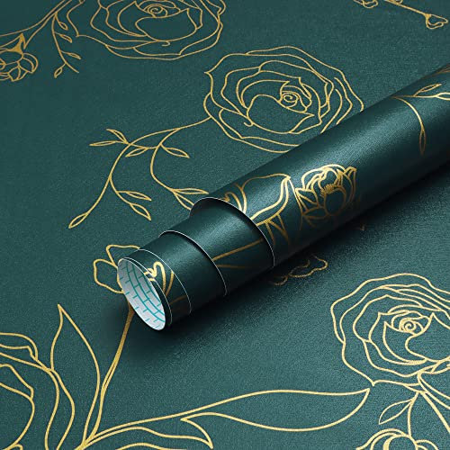 Timeet Self Adhesive Wallpaper Teal Blue Sticky Back Plastic 44x300cm Peel and Stick Wallpaper Gold Rose Floral Pattern Vintage Removable Waterproof Vinyl Film for Bedroom Wall Furniture