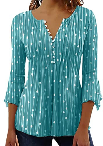 Onsoyours Damen T-Shirt Langarm V-Ausschnitt Floral Knopfleiste Plissee Henley Bluse Casual Locker Blumen Tunika Tops Sommer A Grün S