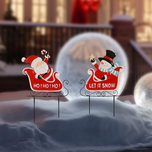 UOMIO Weihnachtsdekorationen mit Metallstäben 2 Stück Weihnachts Gartenschilder LET IT SNOW, Weihnachtsdekoration Schilder Weihnachtsmann und Schneemann Outdoor-Rasen Gartendekorationen