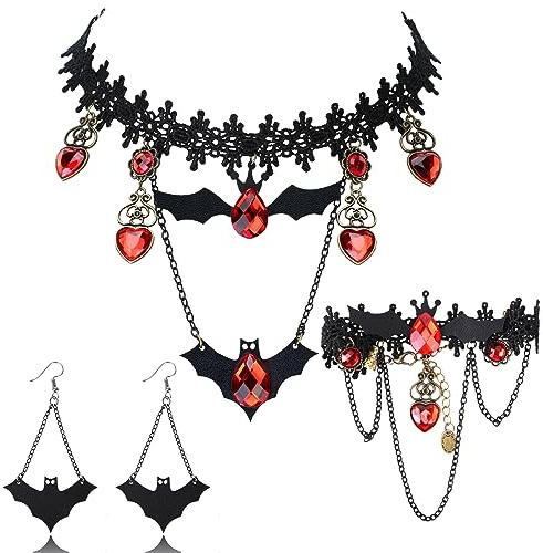 DPKOW HOWAF Gothic Schmuck Set Halloween Fledermaus Gotisch Halskette Vampir Ohrringe Armbänder für Halloween Kostüm Damen Gothic Kostüm Vampir Accessoires