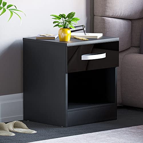 Vida Designs High Gloss Bedside Tables, Nightstand Side Table (Black, 1 Drawer)