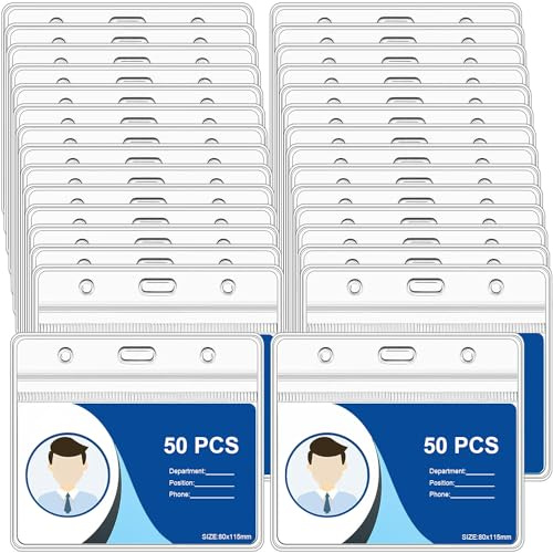 50pcs Plastic Card Holder for Lanyard, Horizontal Clear ID Badge Holders