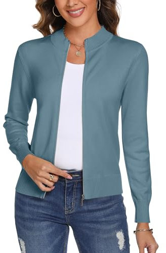 Aottori Cardigan Zippé Femmes à Manches Longues Veste en Maille Manteau Col Montant Sweat-Shirt Côtelé Pull Casual Gris Bleu L