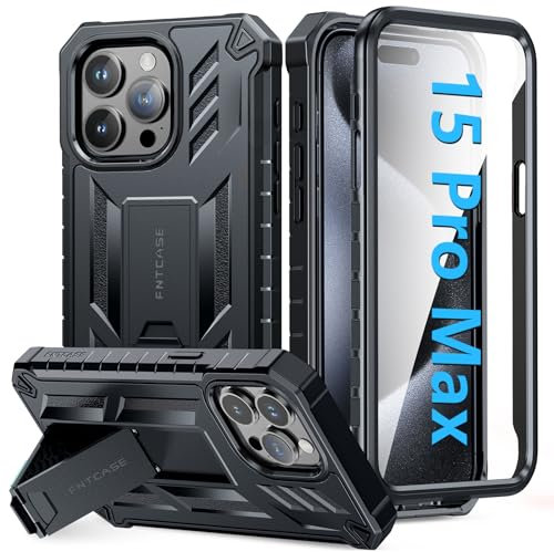 FNTCASE for iPhone 15 Pro-Max Case: Military Grade Protective Cover with Kickstand Dual Layer Matte Shockproof Phone Case for iPhone 15 Pro Max 6.7 Inch (A-Black)