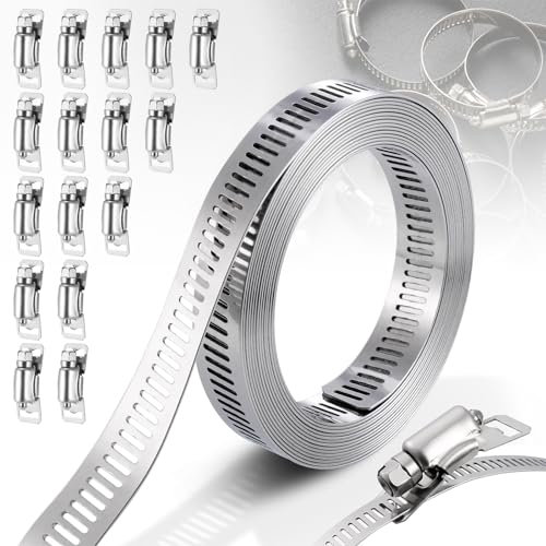 JIZZU Kit di Fascette Stringitubo 5M Cinturino in Metallo + 16 Elementi di Fissaggio Più Resistenti Grande Morsetto Regolabile a Vite, Fascetta Stringitubo con Fissaggio