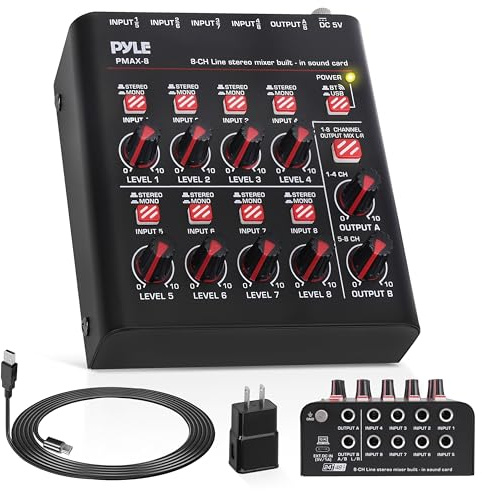 Pyle 8-Channel Bluetooth Mini Line Mixer with USB Audio Interface - 8 Mono/Stereo Switching Inputs | Ultra-low Noise Design with High Headroom | Built-in USB-C Sound Card - PMAX8