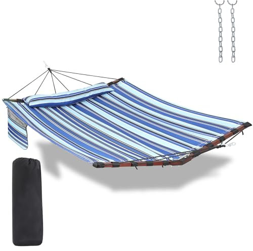 TegerDeger Amaca grande per 2 persone da 3,7 m, capacità 204 kg, con barra in legno massiccio a forma di V e corda in nylon, per esterni, patio, giardino, cortile, spiaggia, bordo piscina, a righe blu