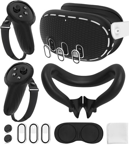YRXVW Silicone Cover Set Compatible with Oculus/Meta Quest 3, Touch Controller Grips Cover, VR Shell Cover, Facial Interface Cover, Protective Lens Cover, Tempered Glass Lens Caps (Black)