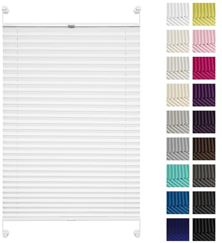 Rettika Plissee ohne Bohren, Plissee klemmfix, Weiß, Breite: 80 cm, Höhe: 120 cm, Fensterrollo Sonnenschutz, Plisseerollo innen, Rollo für Fenster ohne Bohren