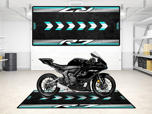 wibeart MPM Motorradmatte für R7 – waschbare, rutschfeste, öl- und wasserfeste Parkmatte für Garage, Ausstellungsraum und Werkstatt | Yamaha Schwarz - Größe 1: 86.6 x 39.4/220 x 100 cm