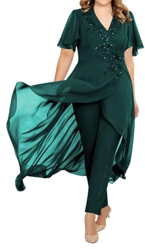 JIIL Brautmutter Hosenanzug 2 Teilig Chiffon Formall Hochzeitsgast Kleid mit Ärmel Übergröße Pfau 52