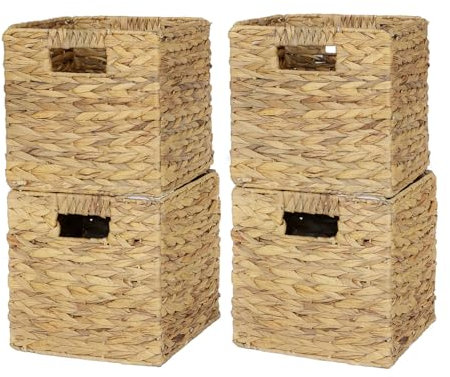 WEAVELYRICS 4 Pack 9in Wicker Storage Cubes, Water Hyacinth Baskets, Foldable Wicker Baskets, Storage Basket with Built-in Handles, Handwoven Natural Basket for Shelves, Outdoor
