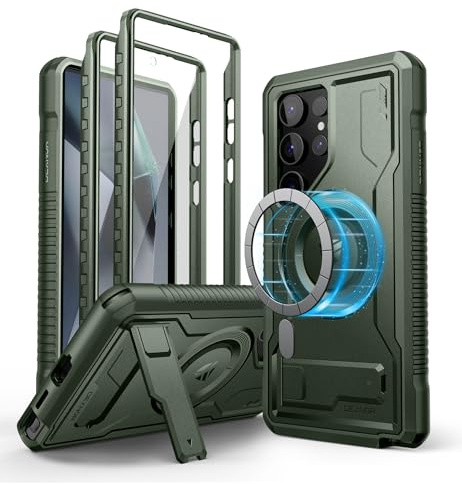 Dexnor Kompatibel mit Samsung Galaxy S24 Ultra Hülle, mit Displayschutz&Kickstand, Schwerlast Stoßfestes Robustes Handyhülle Ganzkörper Stoßfänger Schutzhülle - Military Green