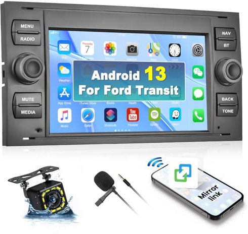 Android 13 GPS Autoradio für Ford Transit Fiesta Galaxy Fusion Kuga C-Max S-Max mit Bluetooth Hands-Free, 7 Zoll HD Radio Touchscreen mit Mirrorlink WiFi GPS FM/RDS EQ SWC + Rückfahrkamera & Mic