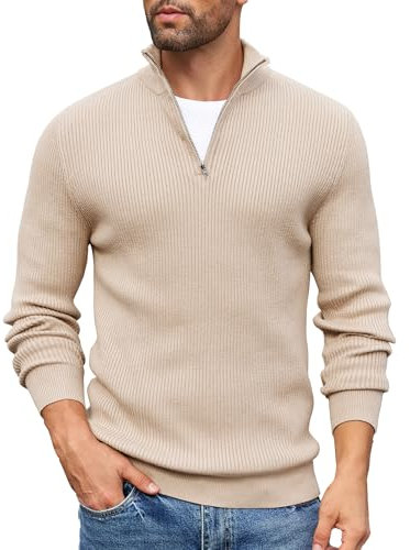 COOFANDY Pullover Herren Troyer Strickpullover Regular Fit Rollkragenpullover mit Reißverschluss 1/4 Zip Winterpullover Pulli Sweater Feinstrickpullover Hautfarbe XL