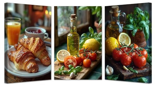 JOSUE 3er Set KüChen Bilder Lebensmittel Obst Leinwand Bilder Schlafzimmer,Rot, Grün Poster Wandbilder Wanddeko Wohnzimmer Schlafzimmer Dekorationen-20x30cmx3 Gerahmt