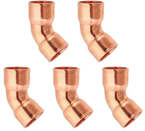 PATIKIL 10mm ID 0,8mm Épais Raccord Coudé en Cuivre, 5Pcs 99,9% Cuivre Pure Raccord de Tuyau à 45 Degrés, Connecteur de Tube à Rayon Court avec Connexion Soudée à la Sueur