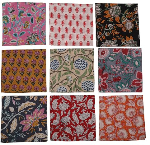 Marubhumi 10 Pc Cotton Cloth Napkins- Hand Block Print, Eco-Friendly, Dinner Napkins, Floral,Hand Made Size 16x16 Inch Printed Home Decor Multicolored