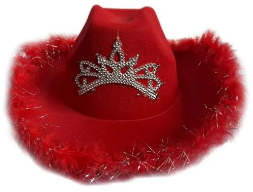COSSIKA Chapeau de Cowboy Occidental éclairé avec Couronne en Fourrure Rose, Chapeaux de Cowboy à Bords roulés avec Couronne en Strass pour bals, Banquets, fête en Peluche