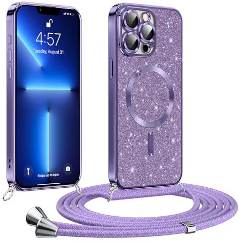 Phoona handyband Hülle für iPhone 13 Pro mit Band, Glitzer Handyhülle Kompatibel mit MagSafe, Ganzkörperschutz Kratzfeste Stossfest Schutzhülle mit Einstellbar Kette, Lila