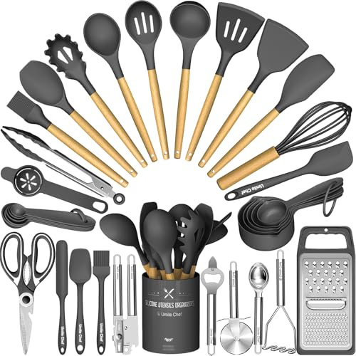 Umite Chef Silikon-Küchenhelfer-Set, hitzebeständig, Küchenhelfer und Werkzeuge mit Reibe, Holzgriffe für antihaftbeschichtetes Kochgeschirr, Dunkelgrau, 34-teilig