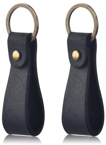 Porte-Clés en Cuir, 2Pcs Veritable Qualité Porte-Clés avec Lanière en Cuir et Boucle de Cuivre, Anneaux Porte Clé de Voiture Sangle en Cuir pour Homme Femme, Noir
