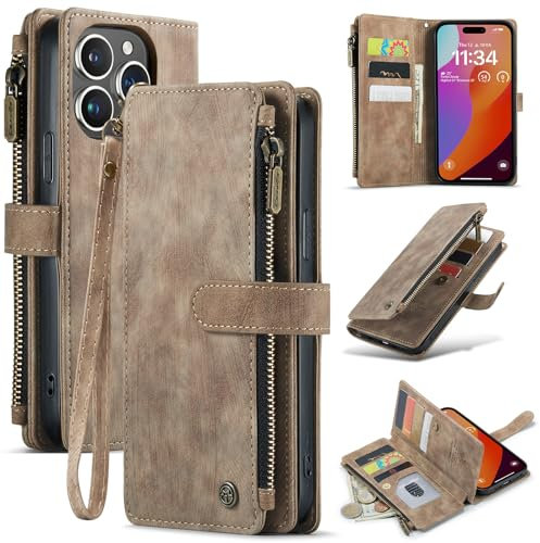 UEEBAI Handyhülle für iPhone 16 Pro Max, Retro Reißverschluss Hülle Premium PU Leder Weiche Klapphülle Magnetverschluss Kartenfach Standfunktion Geldbörse mit Trageband Schutzhülle - Braun