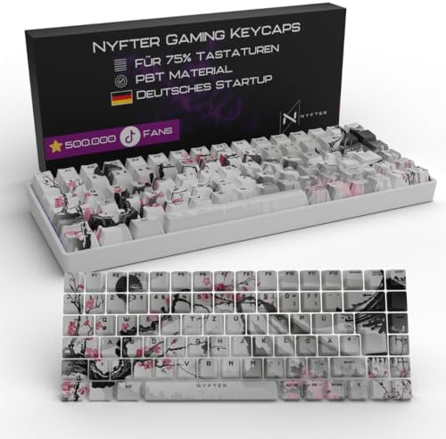 Nyfter - Premium Sakura Keycaps ISO 60% und 75% Custom Keycabs ISO Layout für Mechanische Tastaturen (Sakura White, 75%)