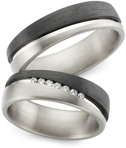 123traumringe Eheringe in Carbon & Titan I Partnerringe mit 7 Zirkonia & Etui I Gravierbare Eheringe mit Ringgröße 50-72 mm I Hochwertige Verlobungsringe in 6 mm Breite & 2 mm Stärke I S 58