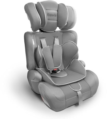 Kidoola Adjustable Car Seat for Toddlers & Children - Safety Certified Booster Seat, Padded & Comfortable with 3 Adjustable Age Functions & Straps, Up to 12 Years - ECE R44/04 (Grey & Black) (Grey)
