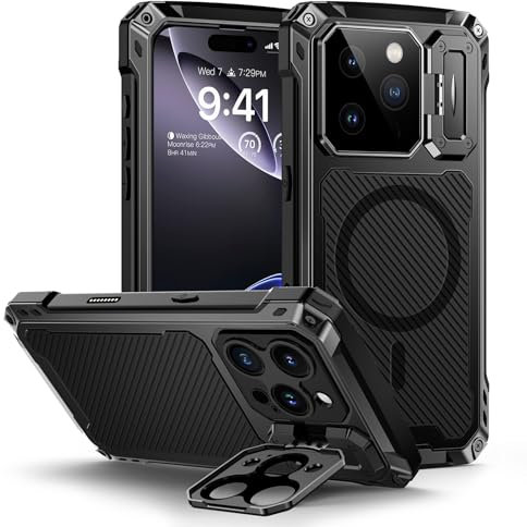 Lanhiem for iPhone 16 Pro Metal Case with Camera Cover & Stand [Compatible with MagSafe] [Built-in Kickstand] [Military-Grade Protection] Heavy Duty Rugged Magnetic Phone Case, Black