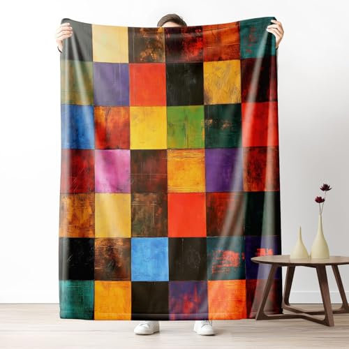 Gklnmcx Couverture Flanelle Carreaux Géométrique Coloré, Couverture Patchwork Abstrait Vintage Polaire, Plaid Douce Adulte Canapé Chaude Et Confortable pour Chambre À Coucher, Salon, Lit 80 X 150