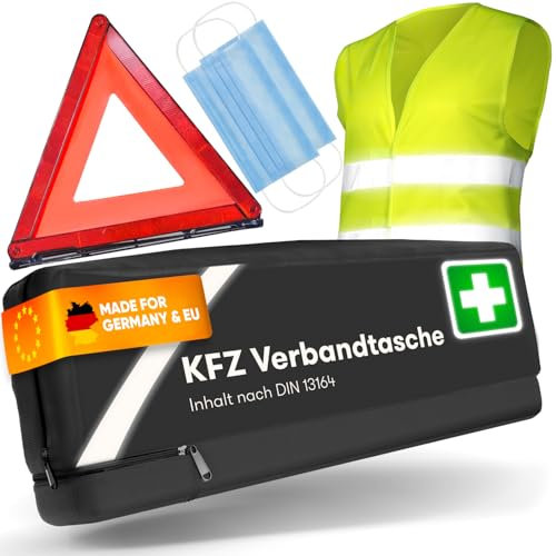 PURAHELP® KFZ Erste Hilfe Set Kombitasche schwarz inkl. Warndreieck & Warnweste [DIN 13164] - Auto Erste Hilfe Kit mit Verbandstasche - StVO Konform für 2025 - PKW Verbandskasten