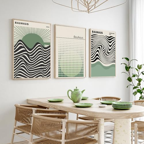 3 Poster Bauhaus, grün, 50 x 70 cm, Wandposter, minimalistisch, großes Bild, modernes Design, Wohnzimmer, Leinwand, Wanddekoration, abstrakt, Wandbild, Schlafzimmer, Erwachsene, ohne Rahmen