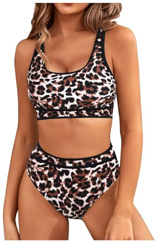 Genfien Women's Bikini Sets Bikini Tops High Waisted Bottom Tummy Control Bathing Suits Cut Out Ladies Swimsuit Suits Padded Beachwear Leopard