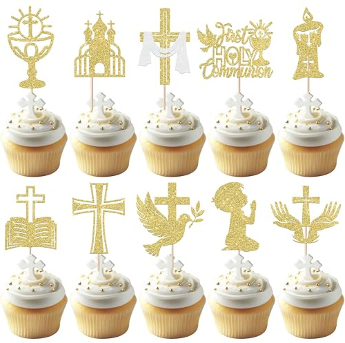 SYKYCTCY 30 Pack Boy God Bless Cupcake Toppers Glitter Dove Chalice Bible Cross Cupcake Picks First Communion Christian Baptism Theme Baby Shower Boys Birthday Party Cake Decorations Supplies Gold
